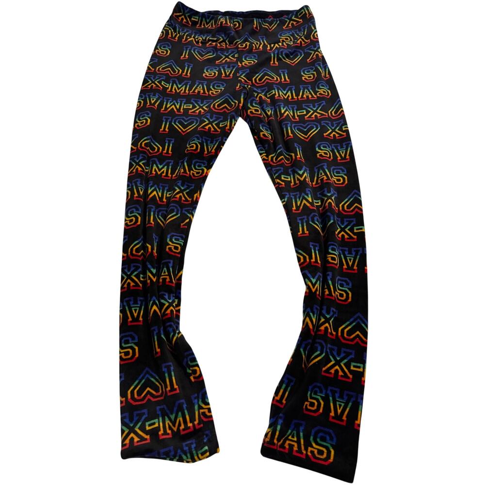 No-Bo Fleece Holiday Graphic Leggings Rainbow-colored text pattern Hi-rise